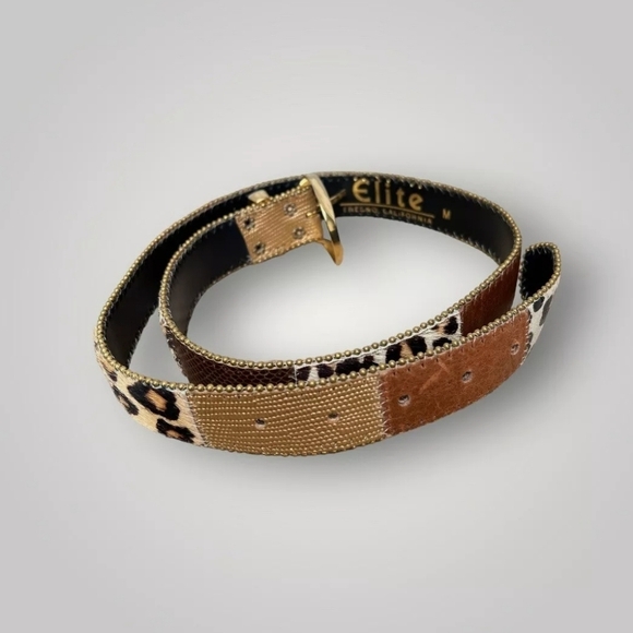 Vintage Elite 80s Leather Suede Patch Belt Gold Animal Print Belt Size L Boho - Picture 1 of 8
